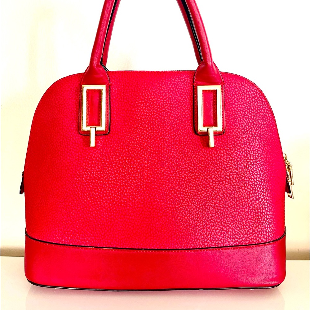Red Leather Dome Shaped Hand Bag With Cross Body Strap
